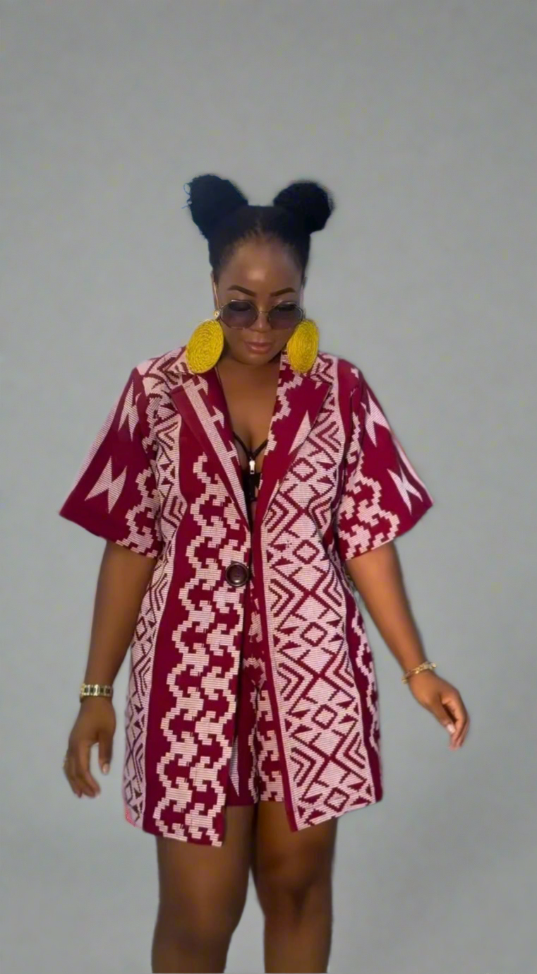 Blazer Dress Set - Red & White Geometric Pattern