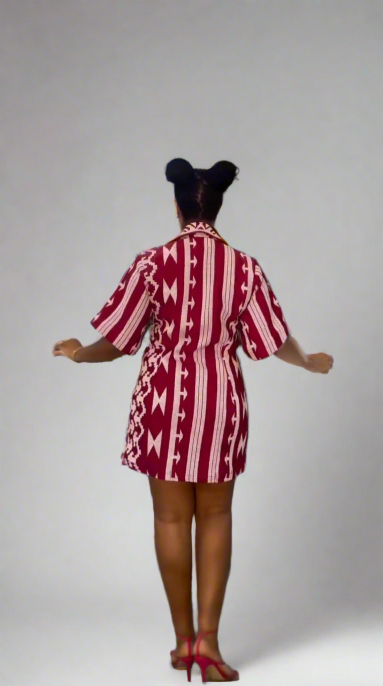 Blazer Dress Set - Red & White Geometric Pattern