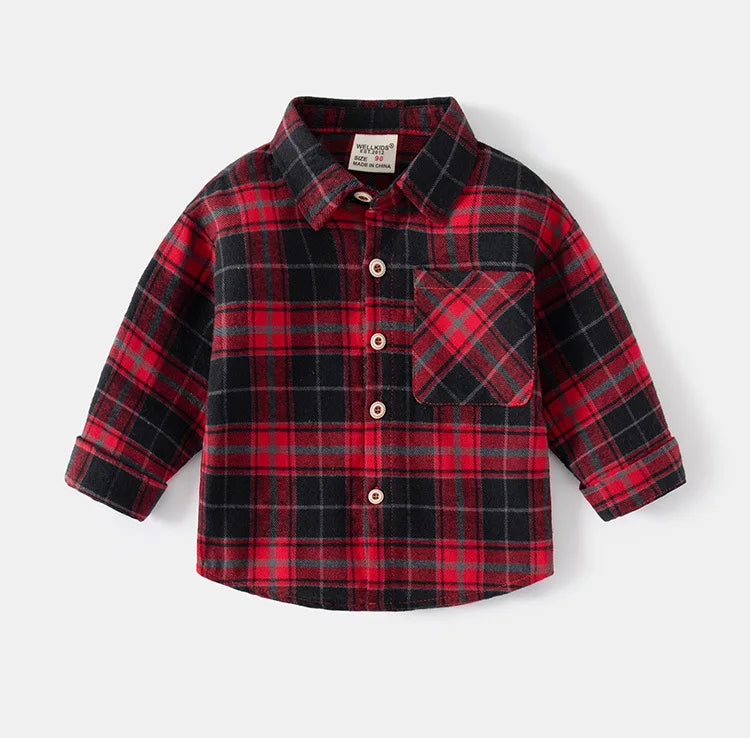 Boys Plaid Cotton Shirt - Long Sleeve Button Up