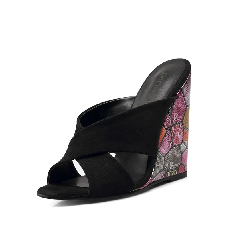 Black Wedge Sandals - Colorful Stained Glass Heel Design