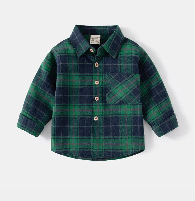 Boys Plaid Cotton Shirt - Long Sleeve Button Up