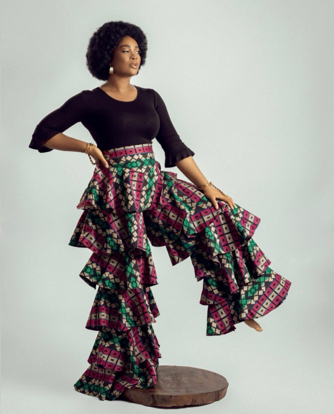African Print Tiered Ruffle Wide Leg Trousers - Statement Palazzo Pants