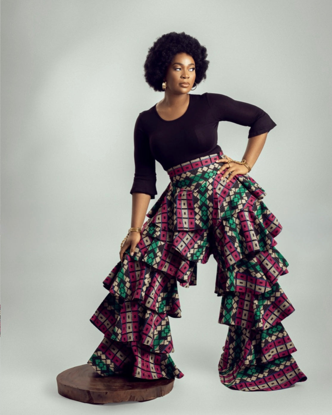 African Print Tiered Ruffle Wide Leg Trousers - Statement Palazzo Pants