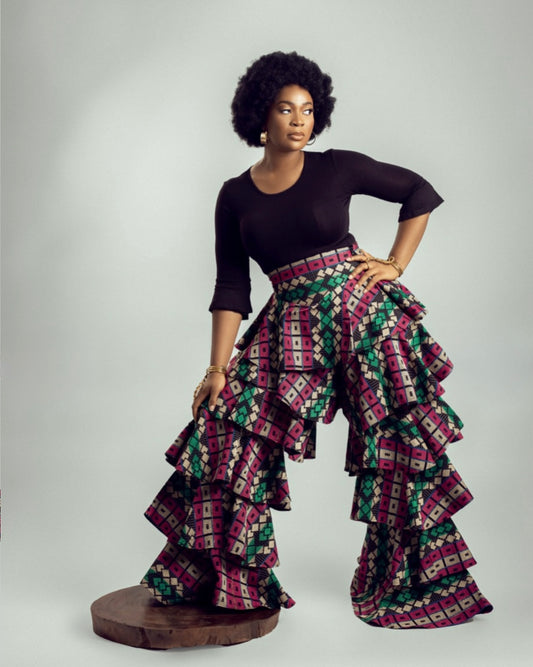 African Print Tiered Ruffle Wide Leg Trousers - Statement Palazzo Pants
