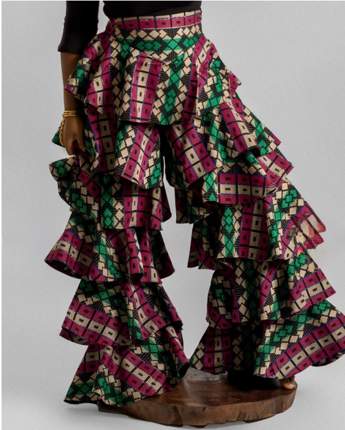 African Print Tiered Ruffle Wide Leg Trousers - Statement Palazzo Pants