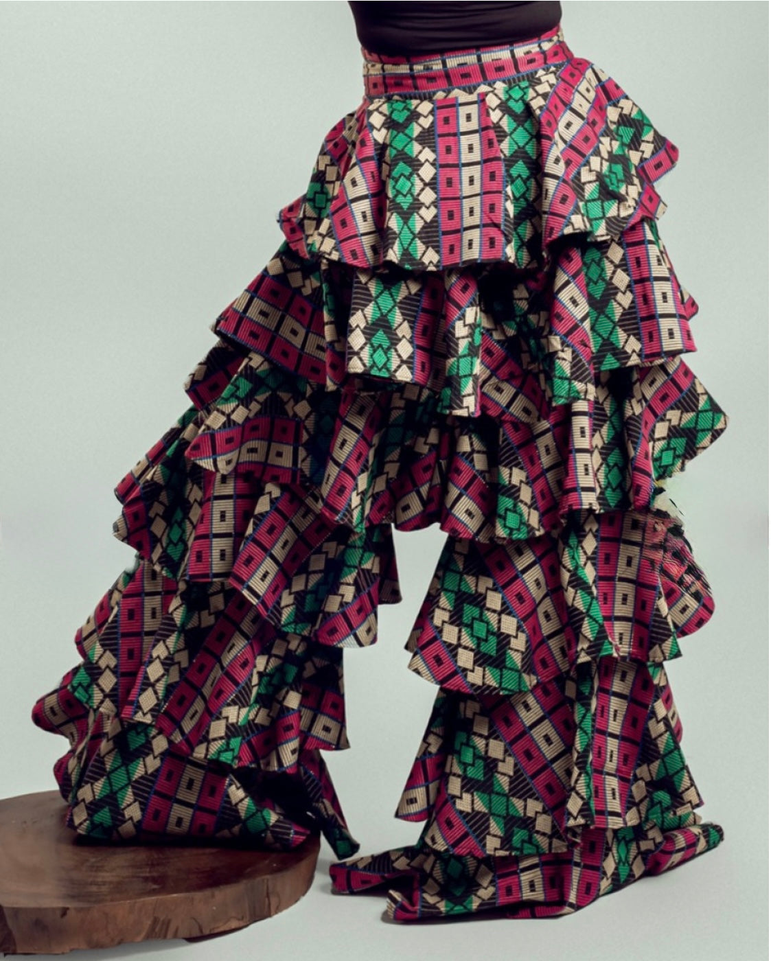 African Print Tiered Ruffle Wide Leg Trousers - Statement Palazzo Pants