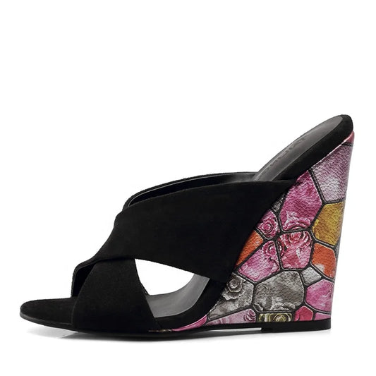 Black Wedge Sandals - Colorful Stained Glass Heel Design