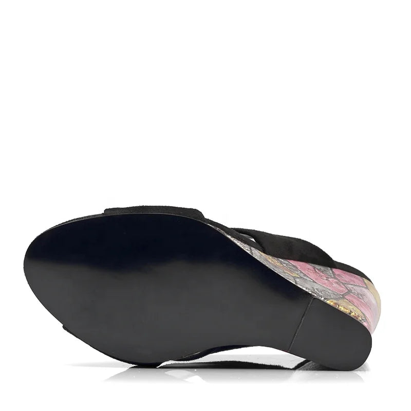 Black Wedge Sandals - Colorful Stained Glass Heel Design