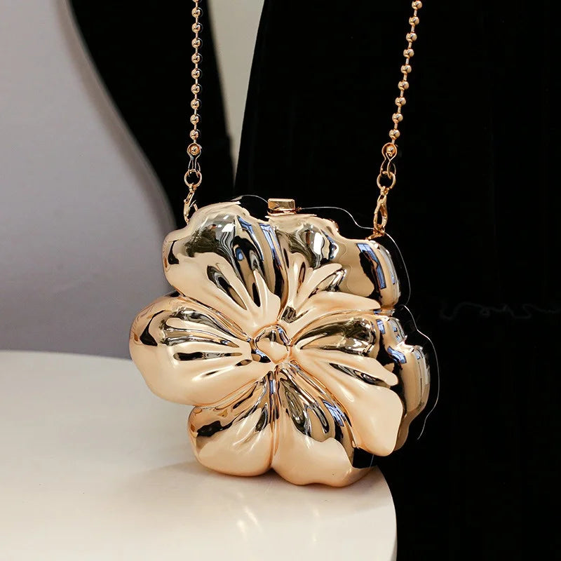 2024 Women Acrylic Evening Clutch Women Chic Metal Purses Shiny Unique Flower Shape Handbag Crossbody Chain Bag-2