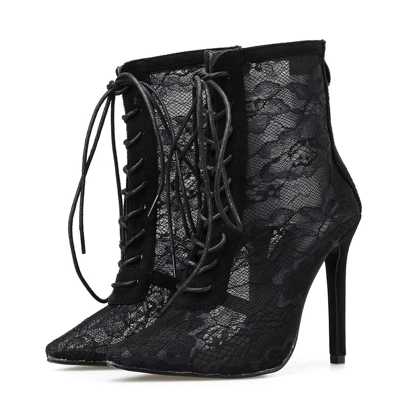Fashion 2024 Roman Sandals Women's Middle Tube Pointed Thin Heel European and American Mesh Short Boots-6