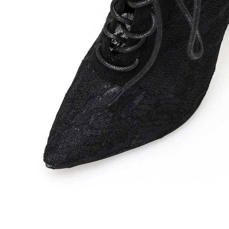 Fashion 2024 Roman Sandals Women's Middle Tube Pointed Thin Heel European and American Mesh Short Boots-5