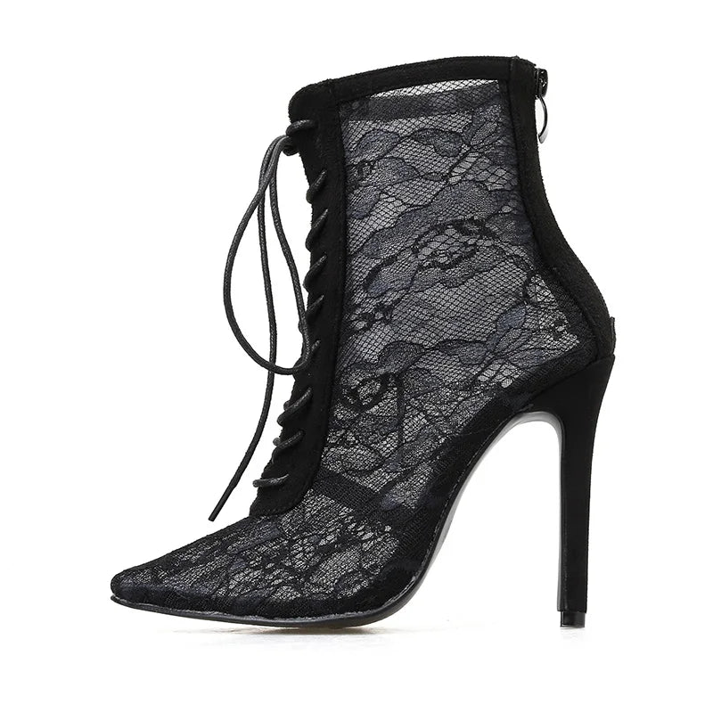 Fashion 2024 Roman Sandals Women's Middle Tube Pointed Thin Heel European and American Mesh Short Boots-2
