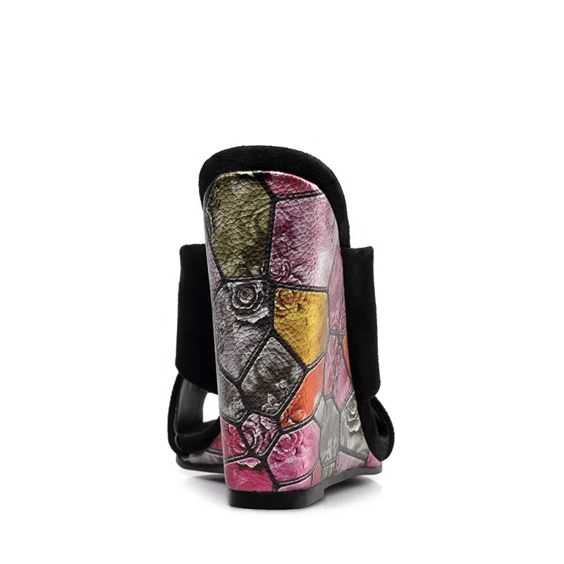 Black Wedge Sandals - Colorful Stained Glass Heel Design